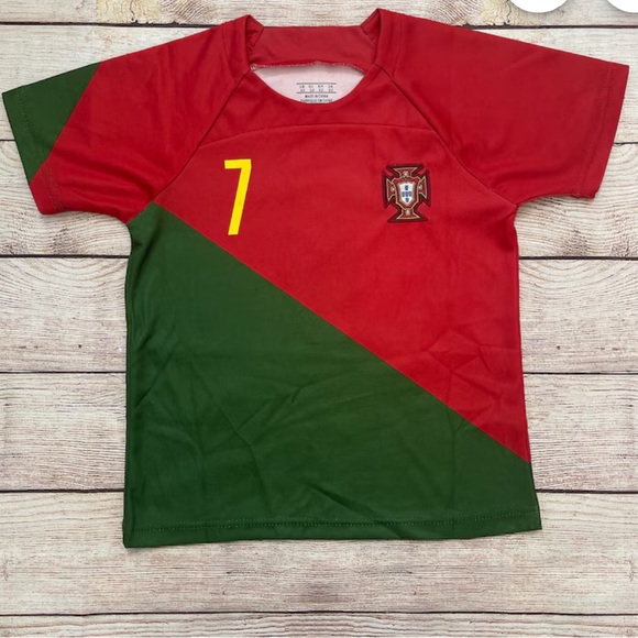 Portugal Renaldo Kids Red and Green Soccer Jersey shorts and top Set - Picture 2 of 6
